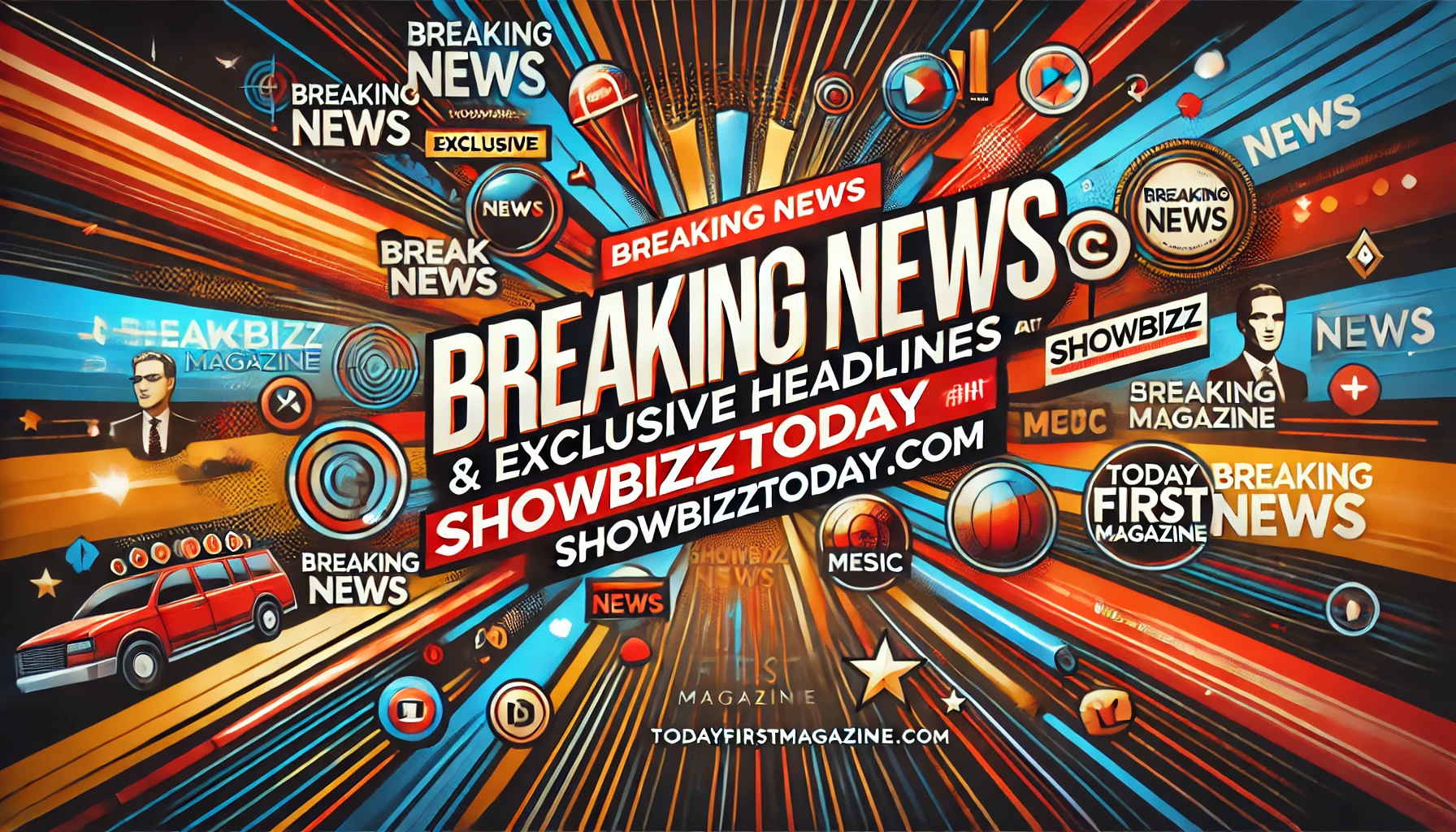 Breaking news and exclusive headlines at Showbizztoday.com, with vibrant digital news theme featuring entertainment, lifestyle, and music elements.